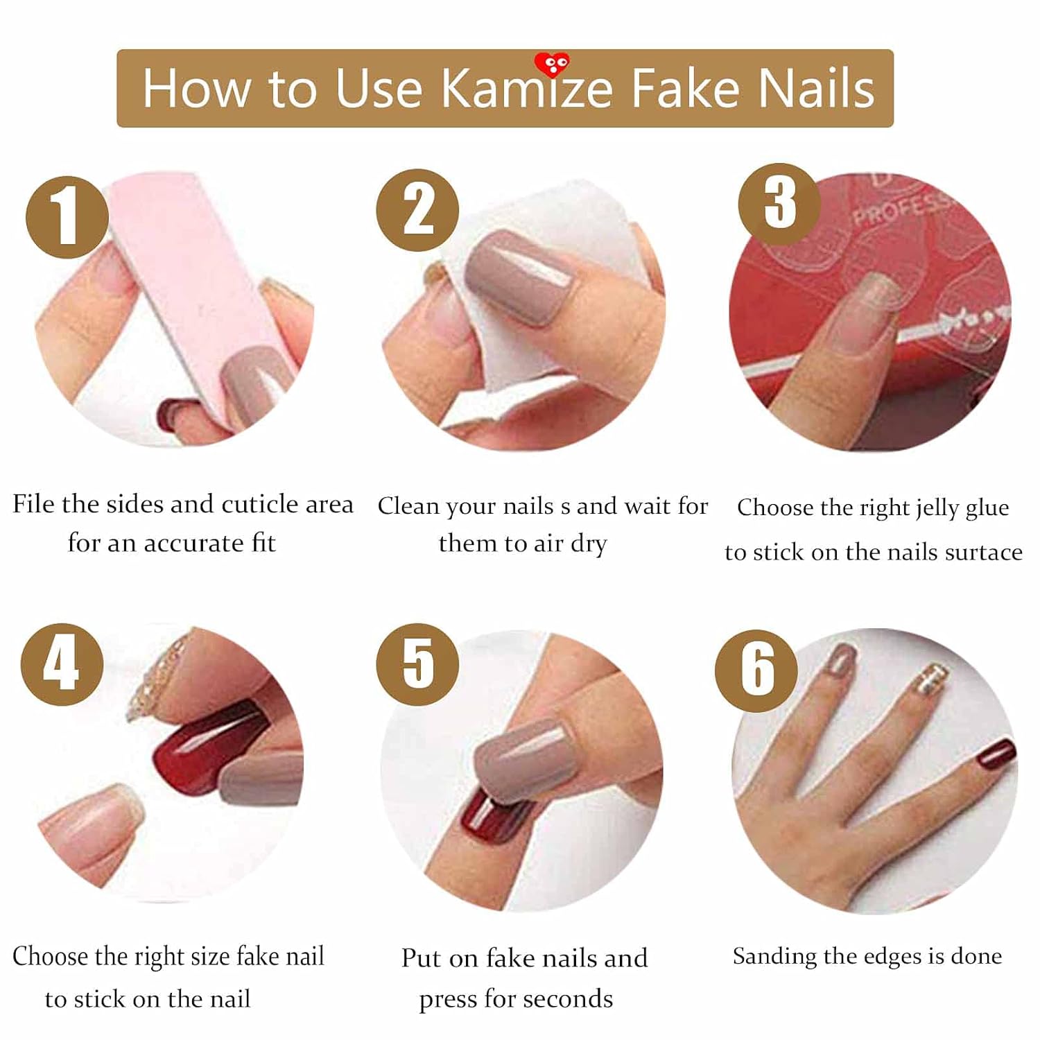Uñas postizas largas a presión tipo ataúd de cobertura completa, uñas postizas acrílicas para mujeres (uñas de corazón marrón fino)