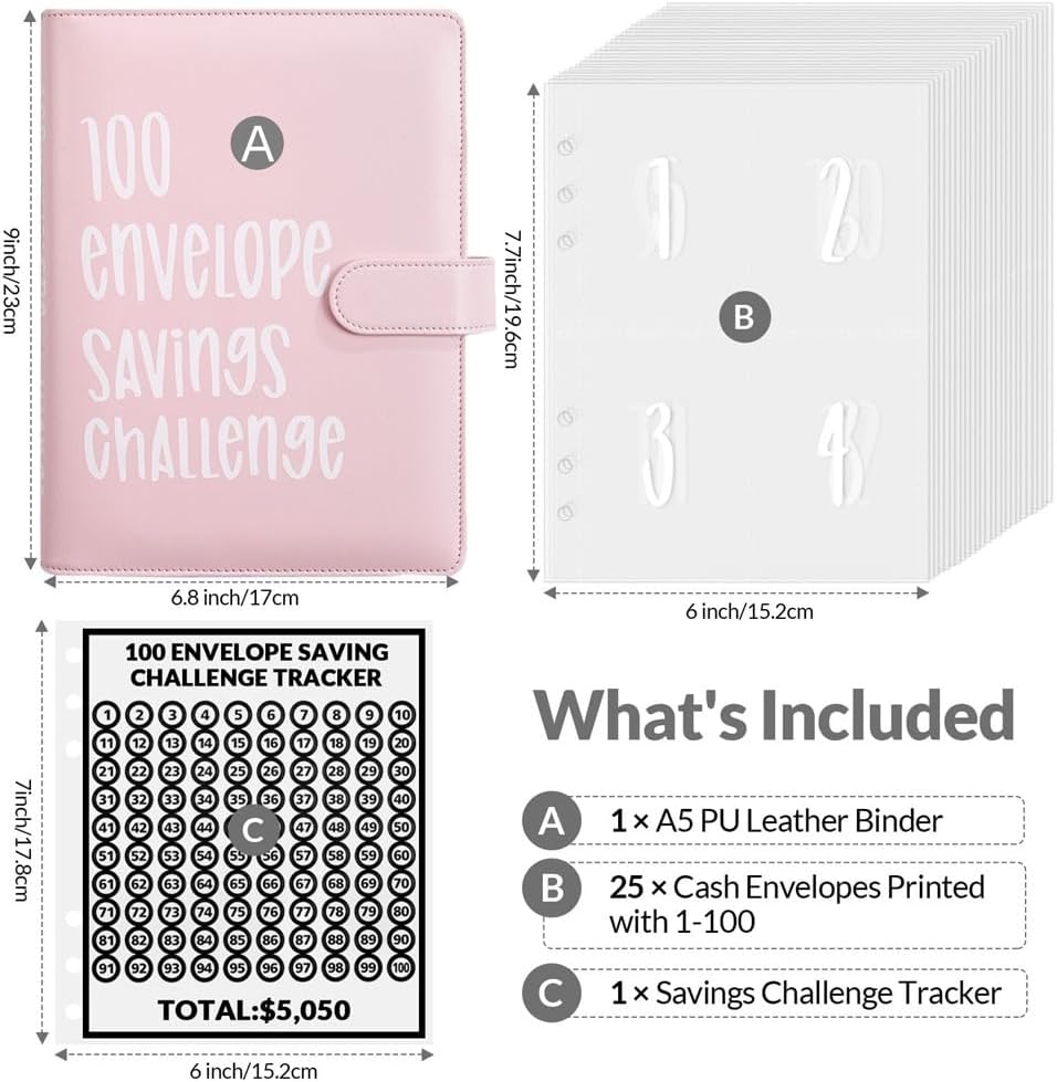 Carpeta de 100 sobres para ahorro de dinero, forma fácil y divertida de ahorrar $5,050, carpeta de relleno de efectivo, planificador de presupuesto,