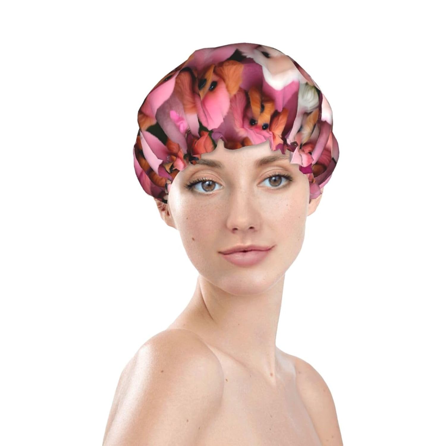 Gorro de ducha reutilizable con estampado de caniches rosados para mujer, doble capa impermeable, gorro de baño de secado rápido