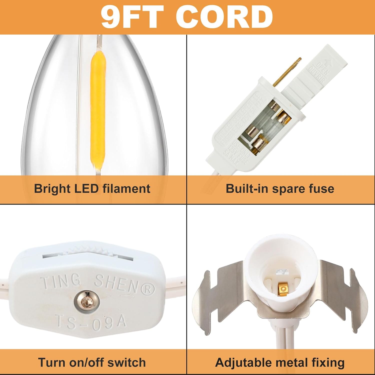8 piezas de cable de accesorios con 5 bombillas LED de luz nocturna de aldea de Navidad, bombillas C7, enchufe de bombilla de 9 pies para decoración
