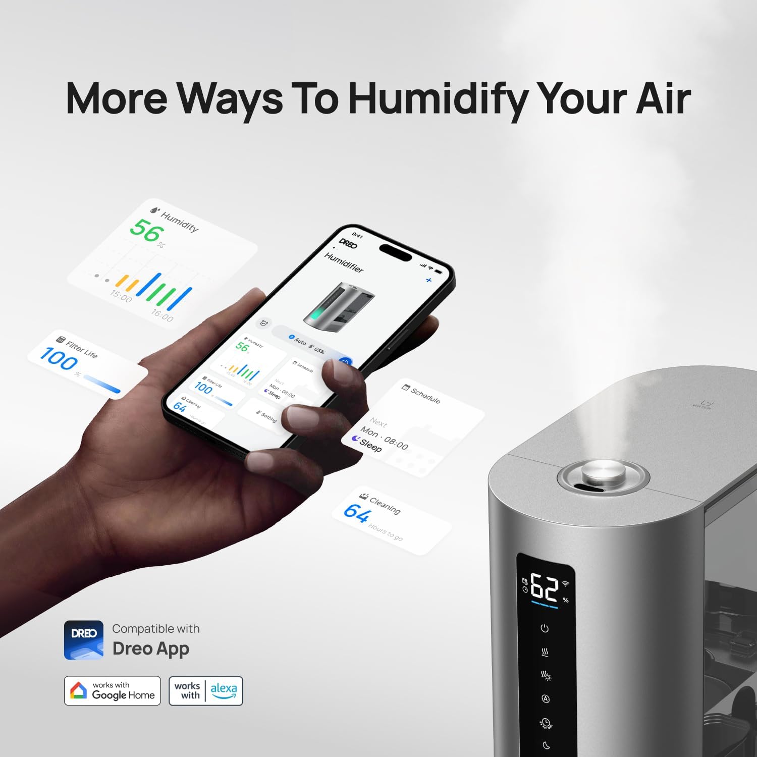 Dreo Humidificador inteligente de 6L, humidificador de niebla cálida y fría para dormitorio, llenado superior, tiempo de funcionamiento de 60 horas,
