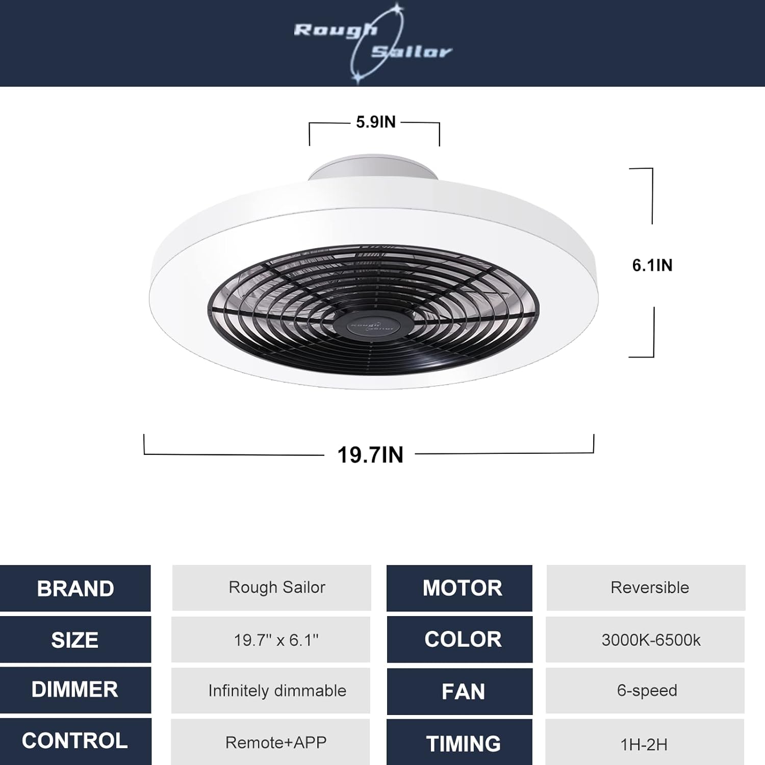 Ventilador de techo moderno de 19.7 pulgadas, ventilador de techo de perfil bajo regulable, cambio de temperatura de color continuo y ventilador de