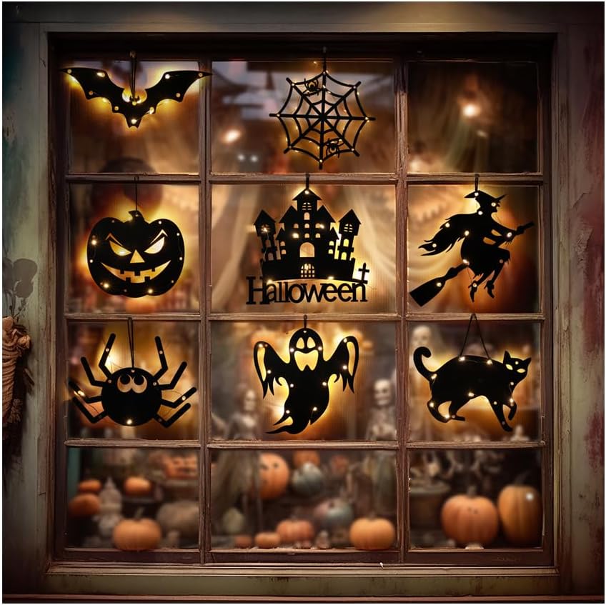 Rainhonor Decoraciones de Halloween, luces de calabaza de Halloween, para ventana, funciona con pilas, luces colgantes para ventana de interior,