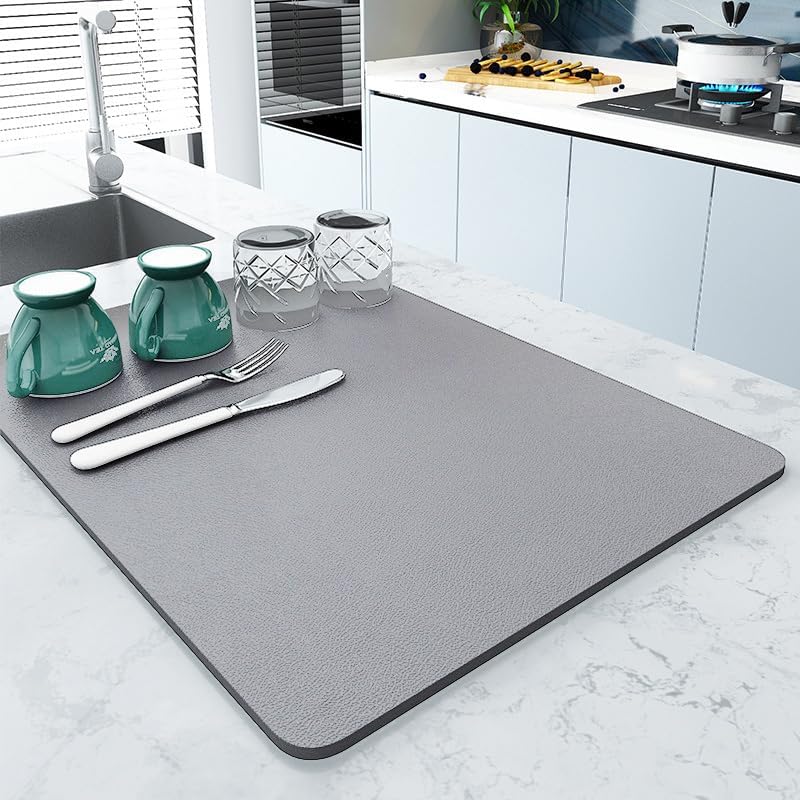 Tapete de secado de platos de café para encimera de cocina, gris claro de 16 x 24 pulgadas, resistente al calor con parte trasera de goma