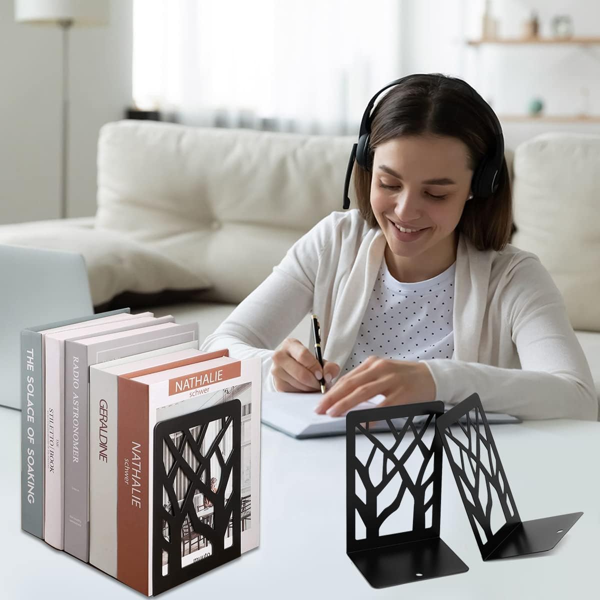 Coolnice Sujetalibros de metal negro para libros, diseño moderno de árboles, sujetalibros antideslizante, resistente para librosCD, estante