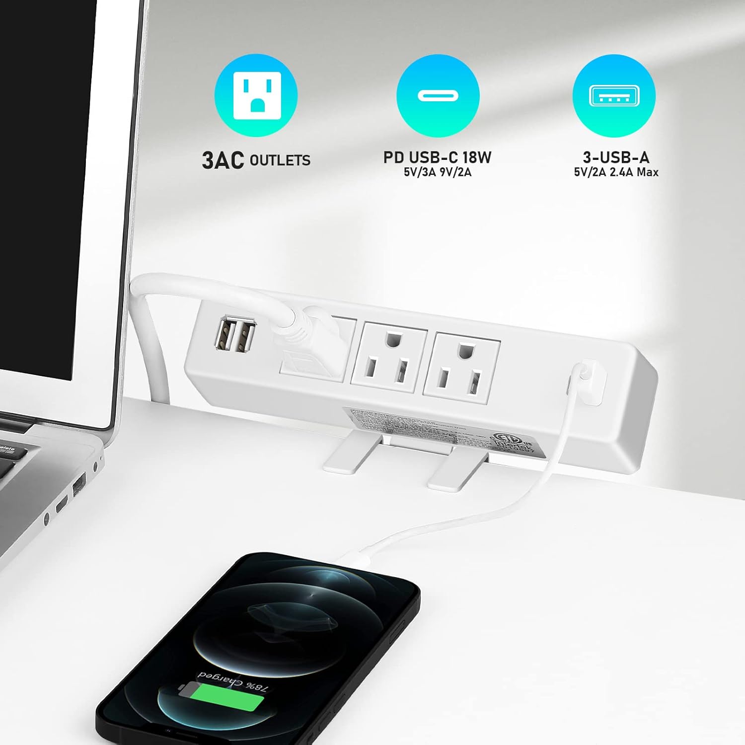 Regleta de alimentación de escritorio blanca de 10 pies con USB, protector de sobretensiones, estación de carga de energía con 3 enchufes, 3 USB A 1