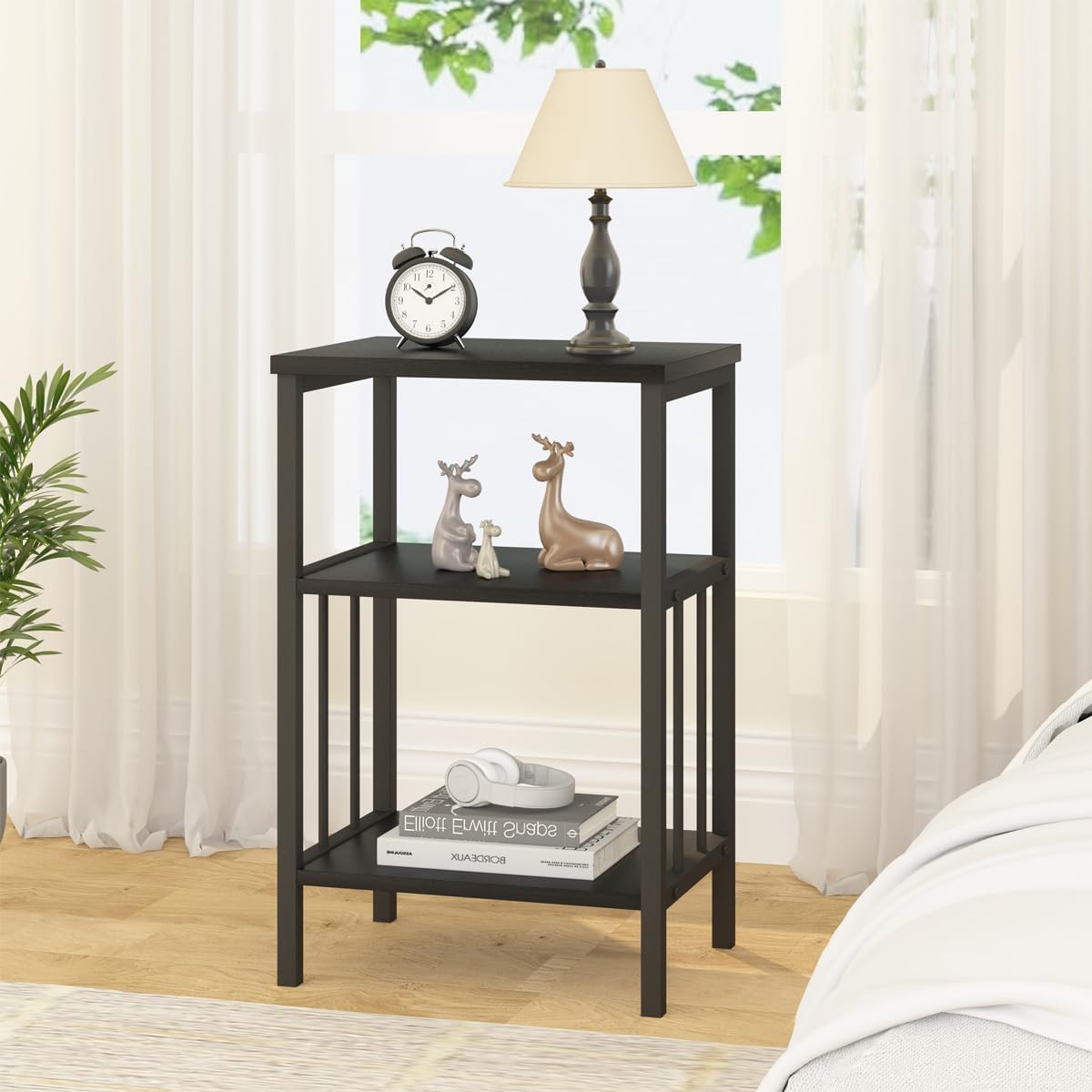 LVB Mesita de noche pequeña negra, moderna y estrecha, juego de 2, mesa auxiliar de metal de madera industrial con estante de almacenamiento, mesa