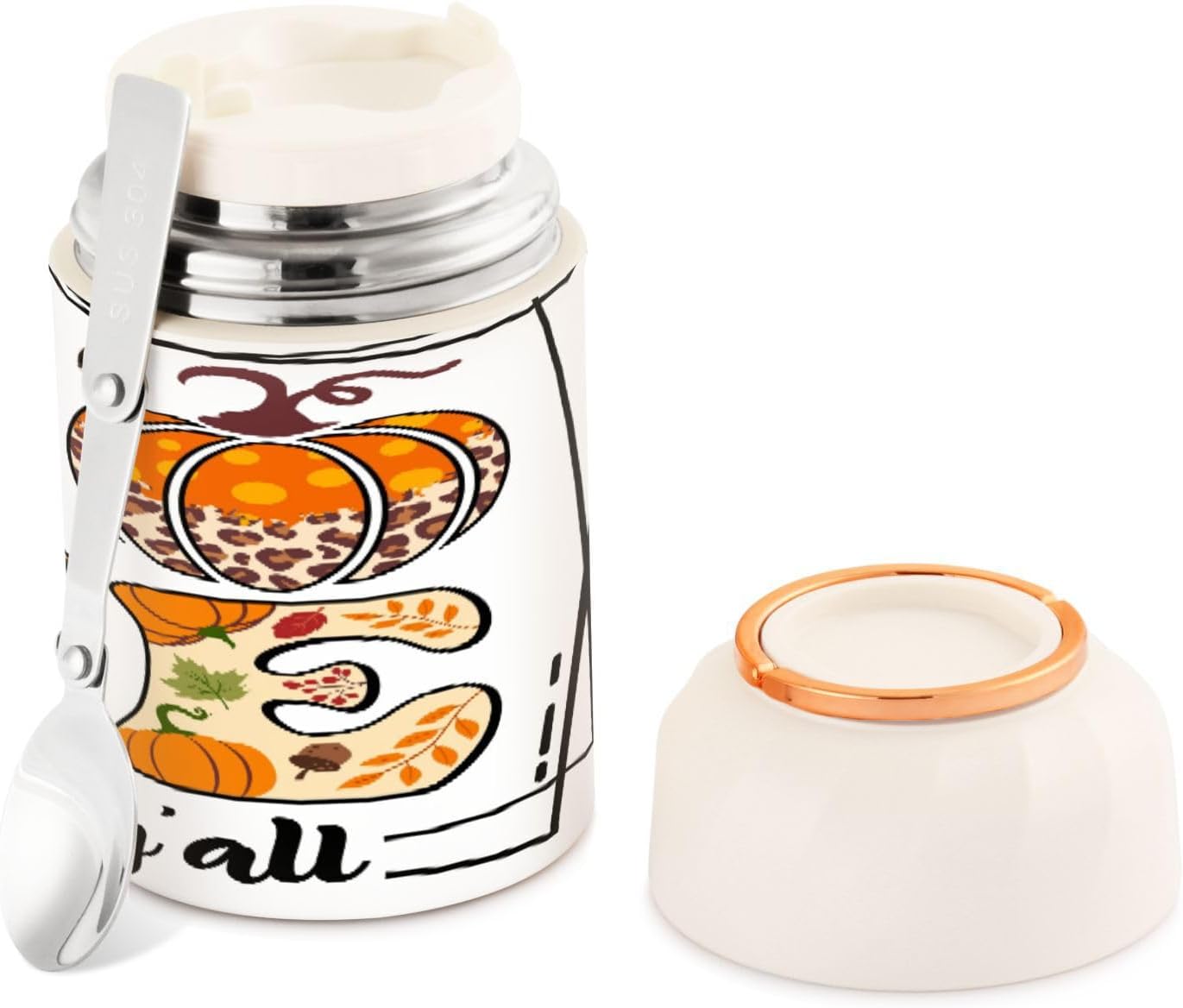 Love Fall Y’all Design Thermos Food Jar for Hot and Cold, Crastive Autumn Season Insulated Hot Food Jars Vacuum 17OZ with Folding Spoon for School