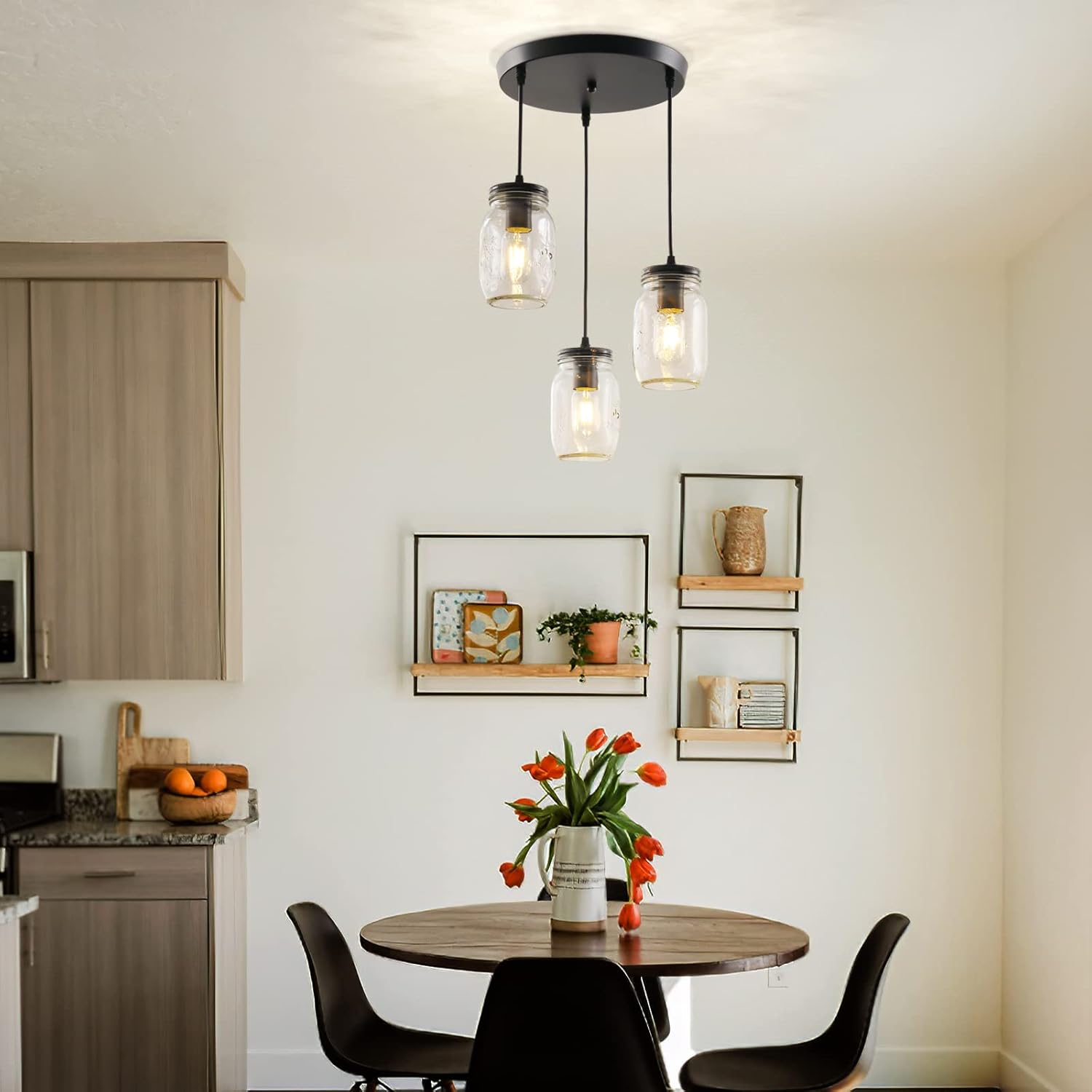Lámparas de tarro de masón, 3 luces de casa de campo, lámpara colgante de tarro de cristal lámpara de techo ajustable para cocina, comedor, pasillo