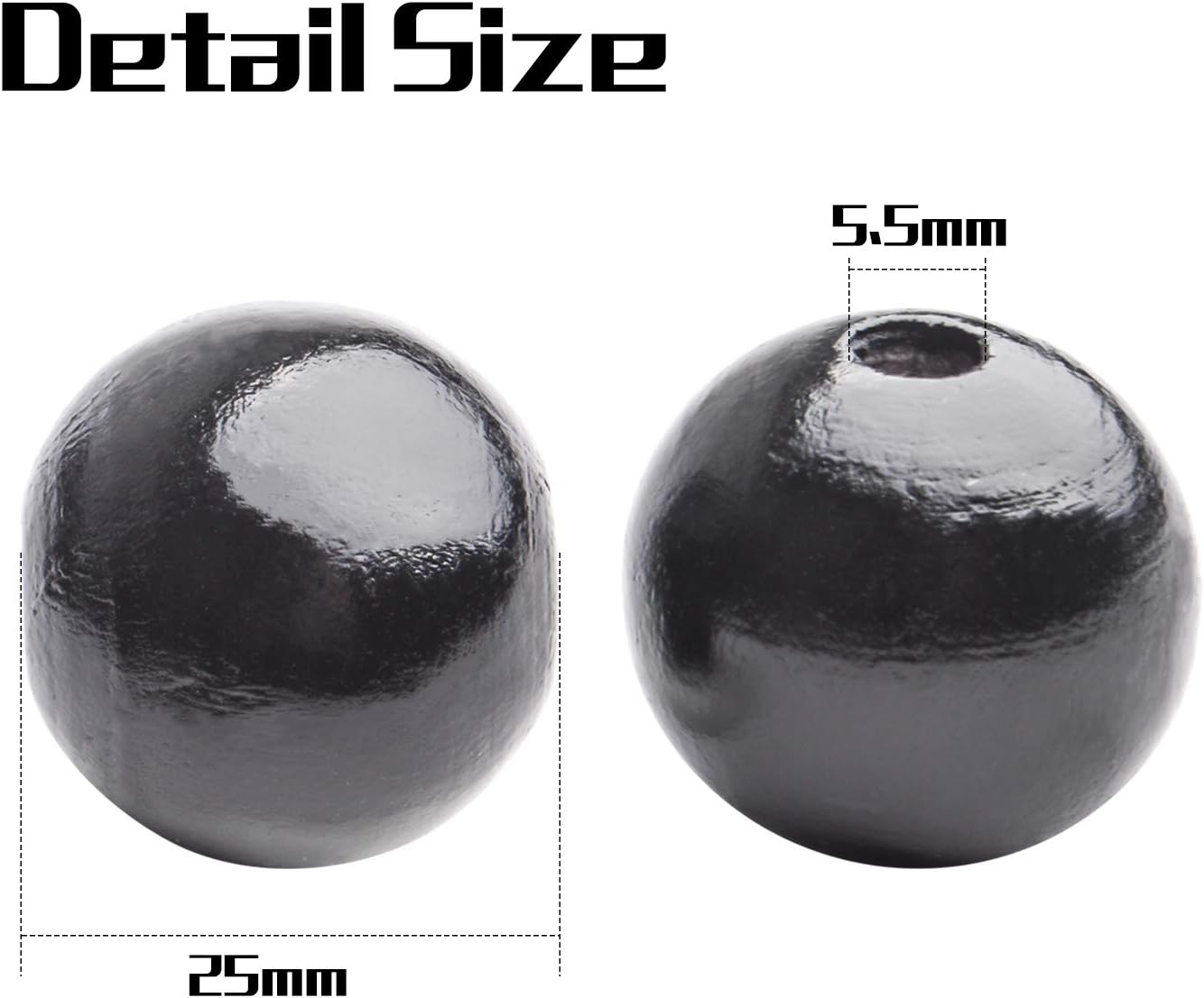 Aylifu Cuentas de madera negras, 50 cuentas de madera redondas de 0.98 pulgadas (0.984 in), cuentas espaciadoras sueltas con agujero de 0.198