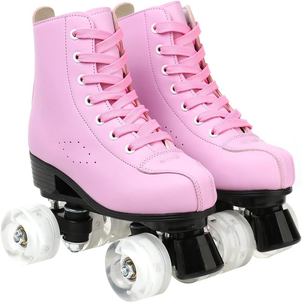 Patines para mujer, de piel sintética, patines brillantes ajustables, patines de 4 ruedas, de doble línea para chica.