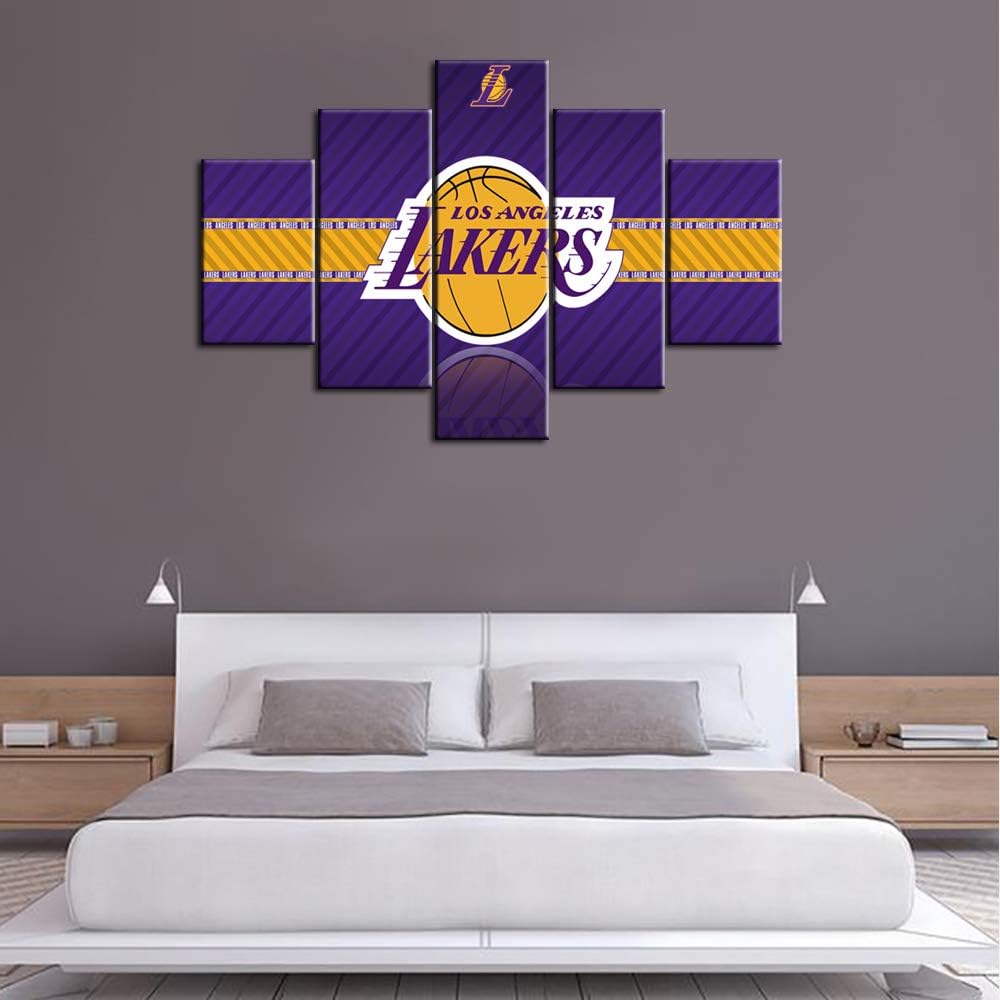 Lienzo decorativo con logotipo de Los Angeles Lakers, pinturas de la NBA, 5 piezas, obras de arte de baloncesto, deportes en el centro de grapas,