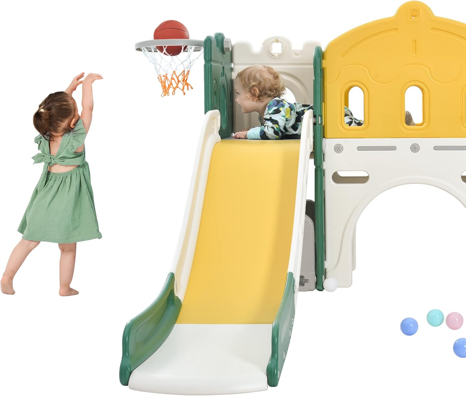 Hapsor Tobogán 7 en 1 para niños pequeños, tobogán grande con pasillo largo, escalador, aro de baloncesto, túnel y espacio de almacenamiento, juego