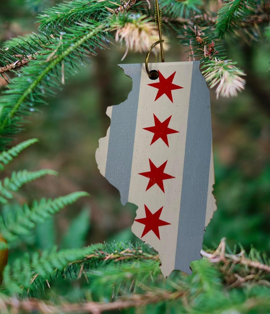 Adorno de Navidad de Chicago de madera con forma de Illinois, decoración de recuerdo de la bandera de la ciudad hecha a mano con gancho de metal