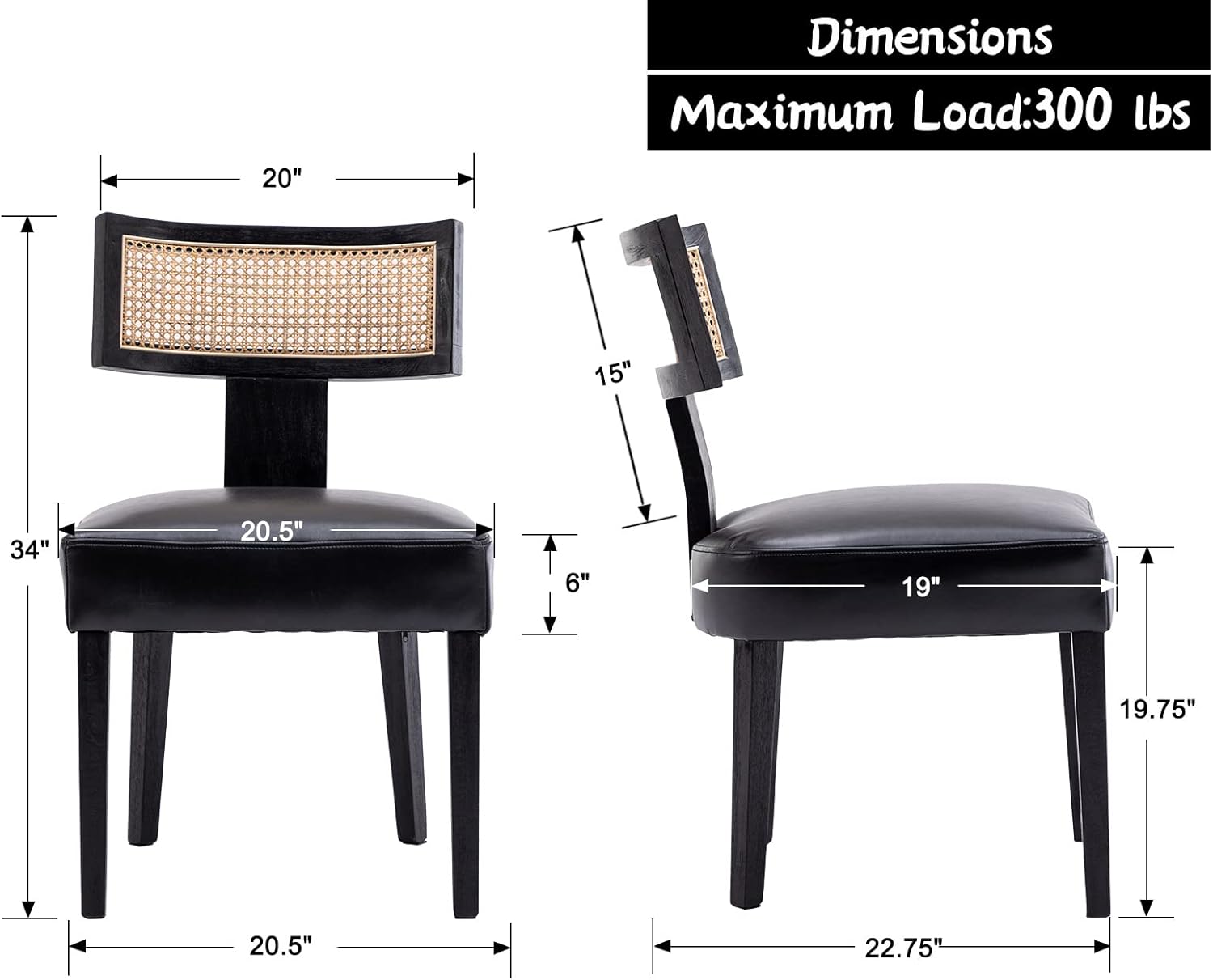 Shunzhi Juego de 2 sillas de comedor tapizadas de piel sintética, modernas de mediados de siglo, sillas de comedor de ratán estilo granja, sillas