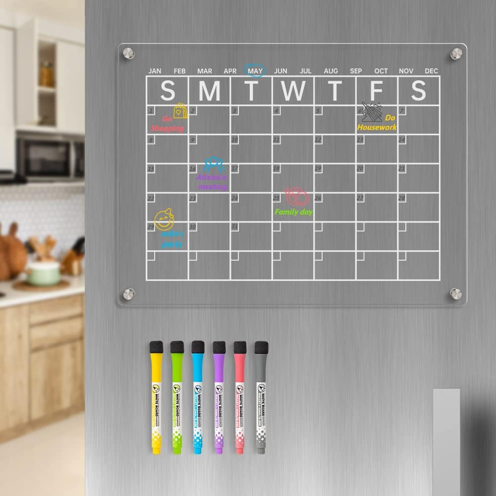 Calendario magnético acrílico de borrado en seco para refrigerador, calendario de borrado en seco transparente de 16.5 x 12 pulgadas para
