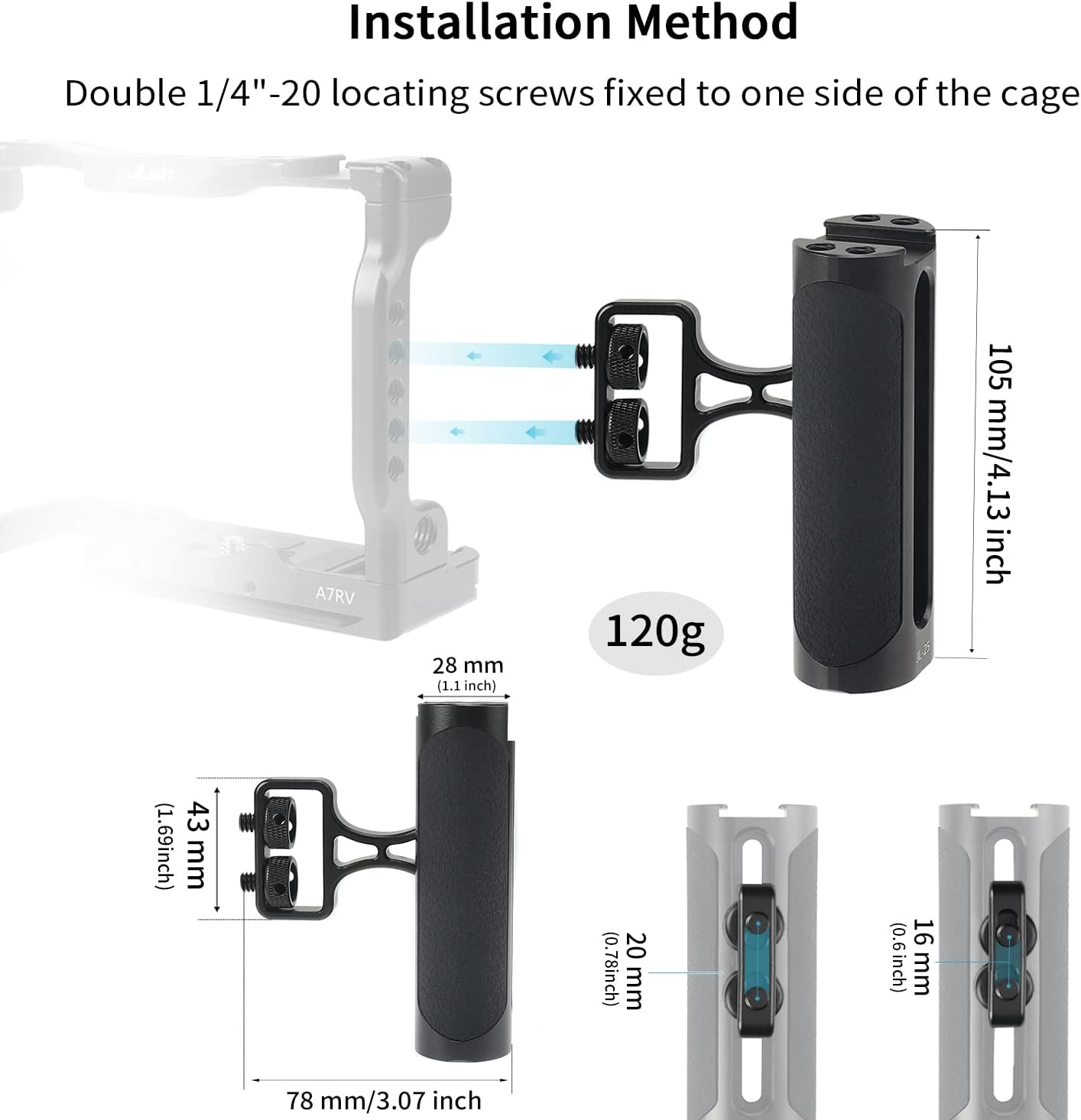 Foto4easy – Mango lateral universal para cámara, mango lateral ajustable hacia arriba y hacia abajo para jaula de cámara DSLR, orificio de tornillo