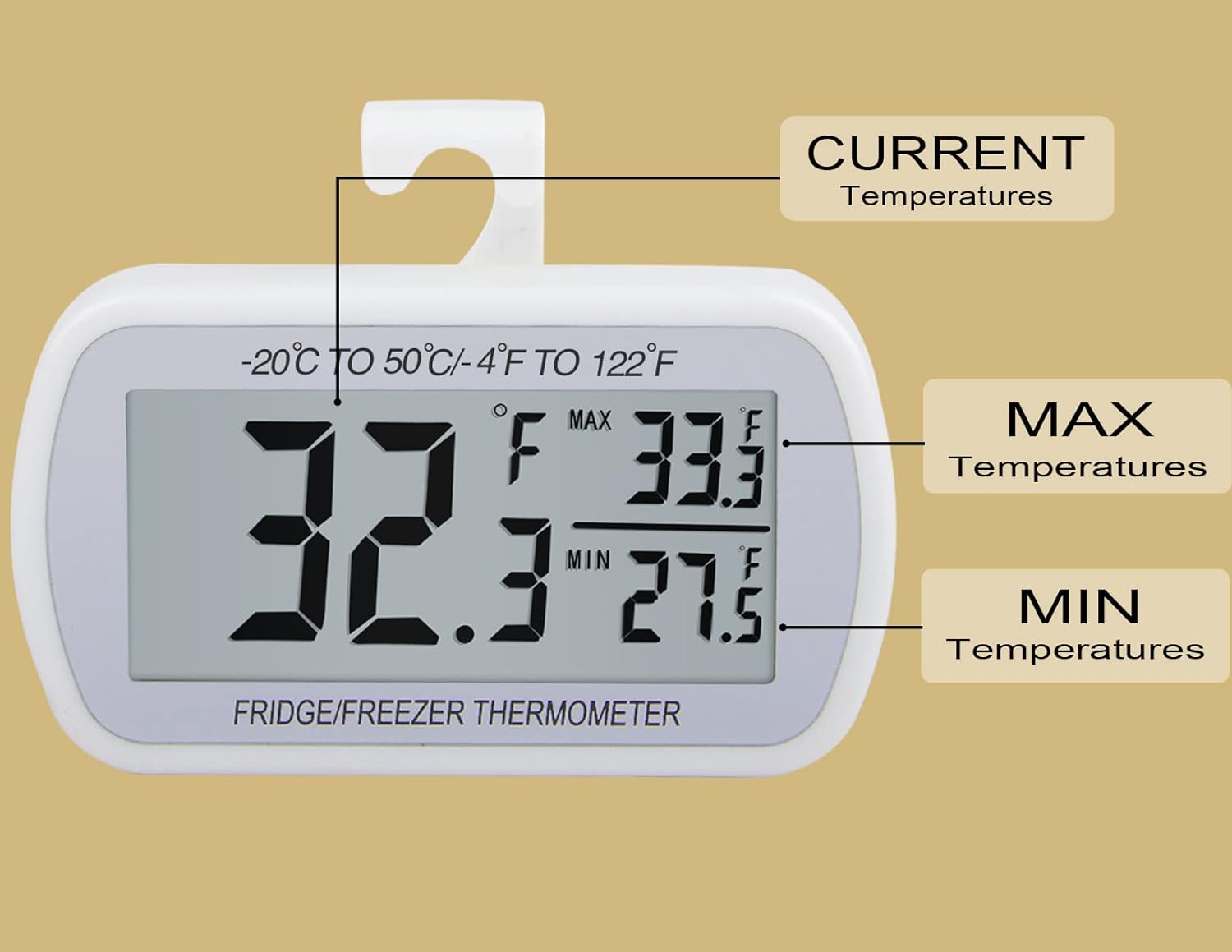 Termómetro digital impermeable para frigorífico LCD grande, termómetro de habitación con parte trasera magnética, sin volantes fáciles de leer