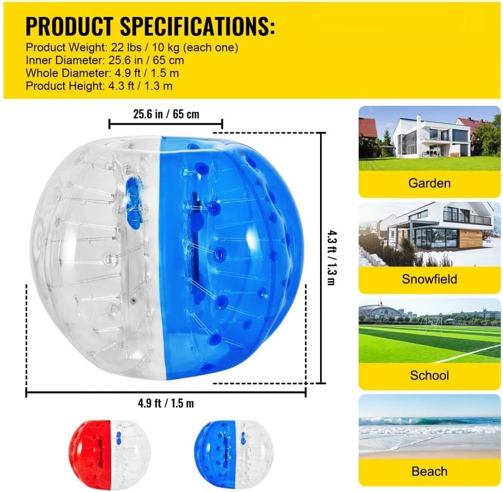 WACTO Pelota de parachoques inflable para adultos o niños, pelota de fútbol de burbujas de 5 pies de diámetro, fácil de inflar, bola zorb roja y