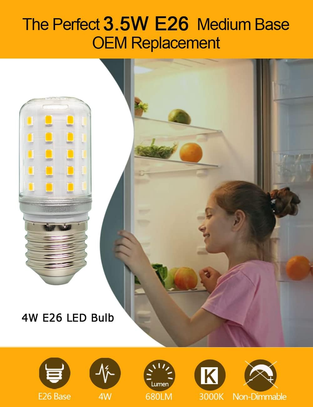 5304511738 Bombilla LED para refrigerador Frigidaire Electrolux PS12364857 AP6278388, 4W (equivalente a 40W), AC100-265V blanco cálido E26 bombilla