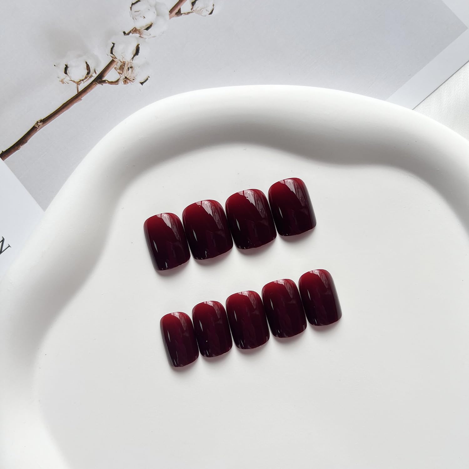 Uñas postizas cortas a presión, uñas postizas cuadradas color rojo vino, uñas acrílicas de color puro, cobertura completa, brillantes, uñas postizas