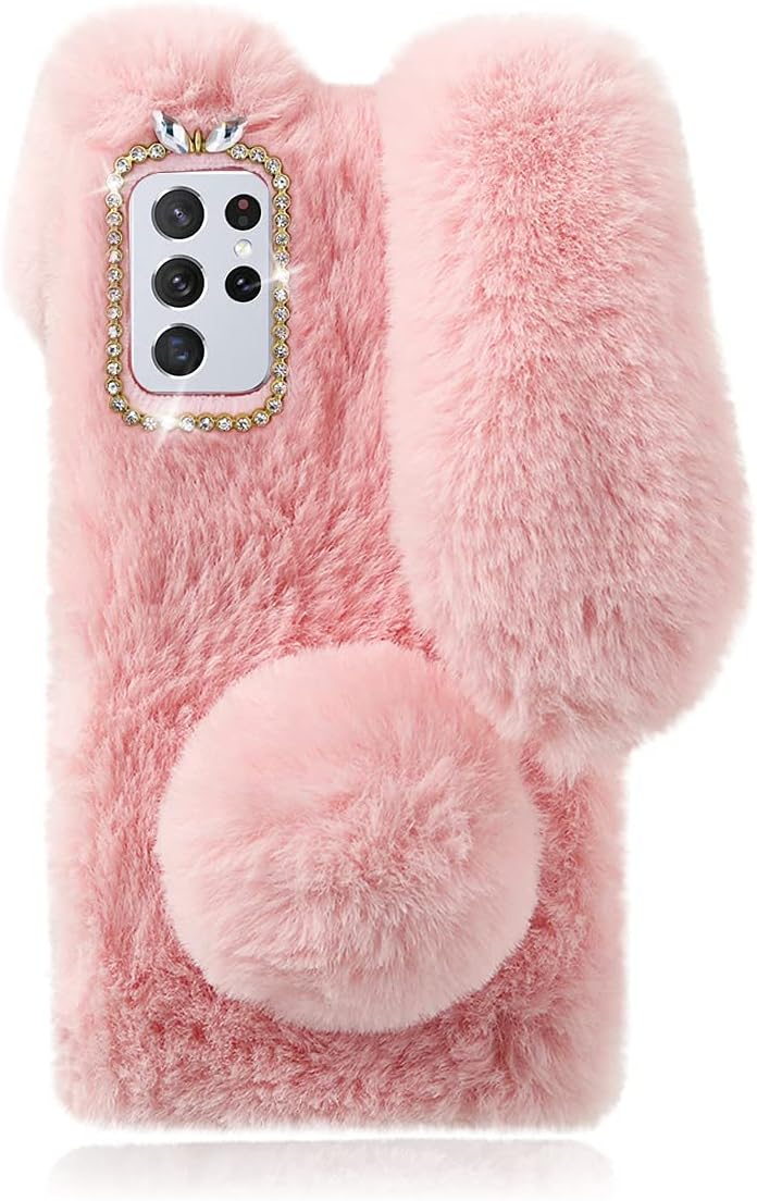 Mikikit Funda de felpa de piel esponjosa para Samsung Galaxy S21 Ultra 5G, lindo conejito peludo, funda protectora 3D de animales peludos, funda