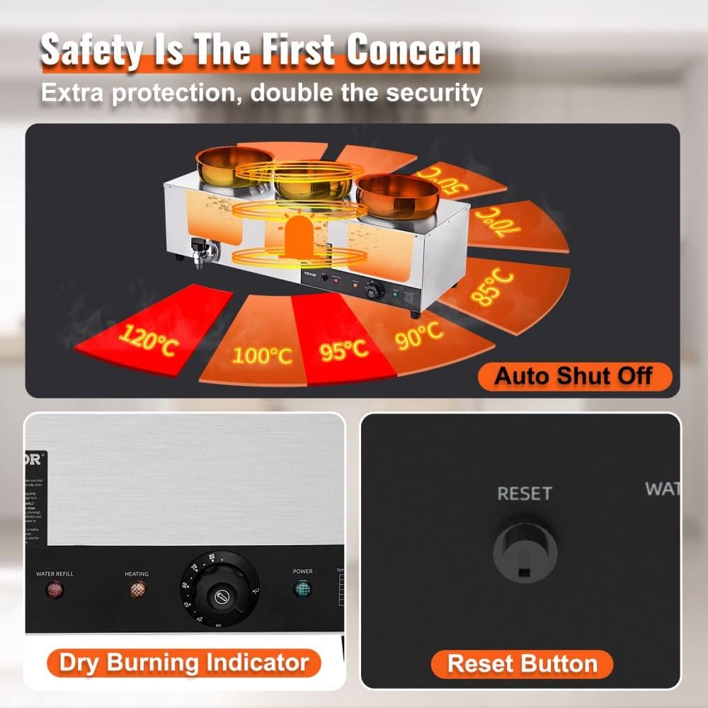 Calentador de sopa Bain Marie – Estación eléctrica comercial de 1200 W con tres ollas de acero inoxidable de 7.4 cuartos de galón y botón de