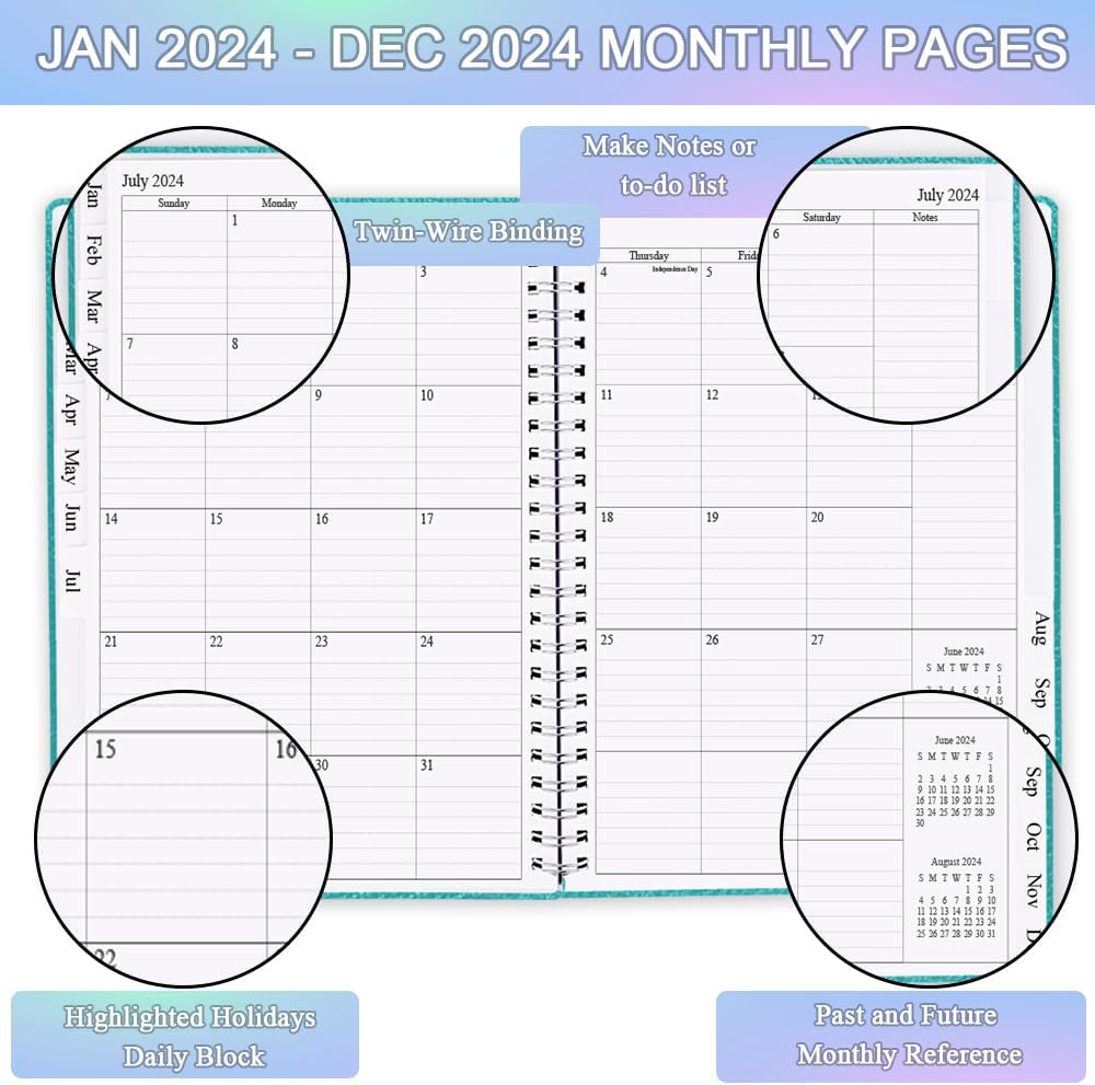 Agenda 2024  Agenda semanal y mensual desde enero de 2024 a diciembre de 2024, 9 x 11 pulgadas, 12 pestañas mensuales, bolsillo interior, funda de