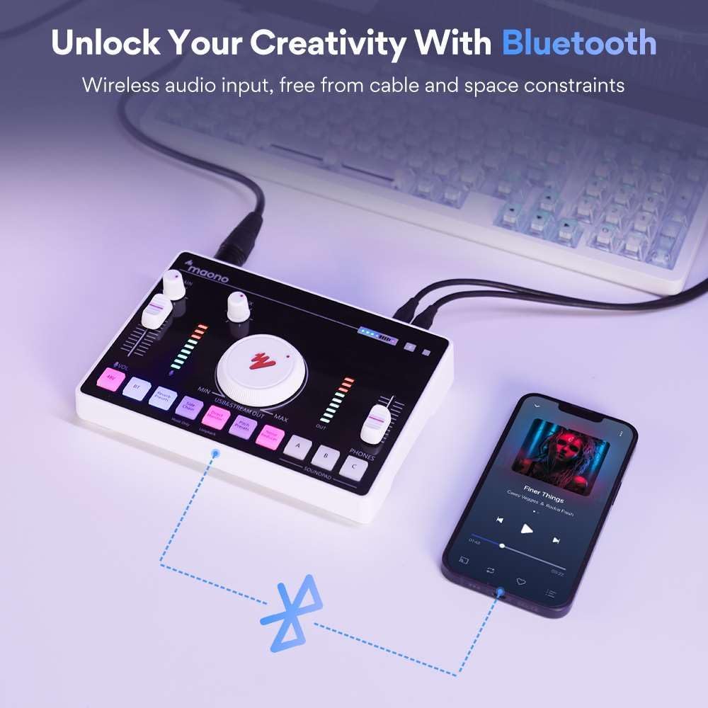 MAONO Mezclador de audio para transmisión, interfaz de audio con preamplificador profesional, Bluetooth, batería incorporada, cancelación de ruido,