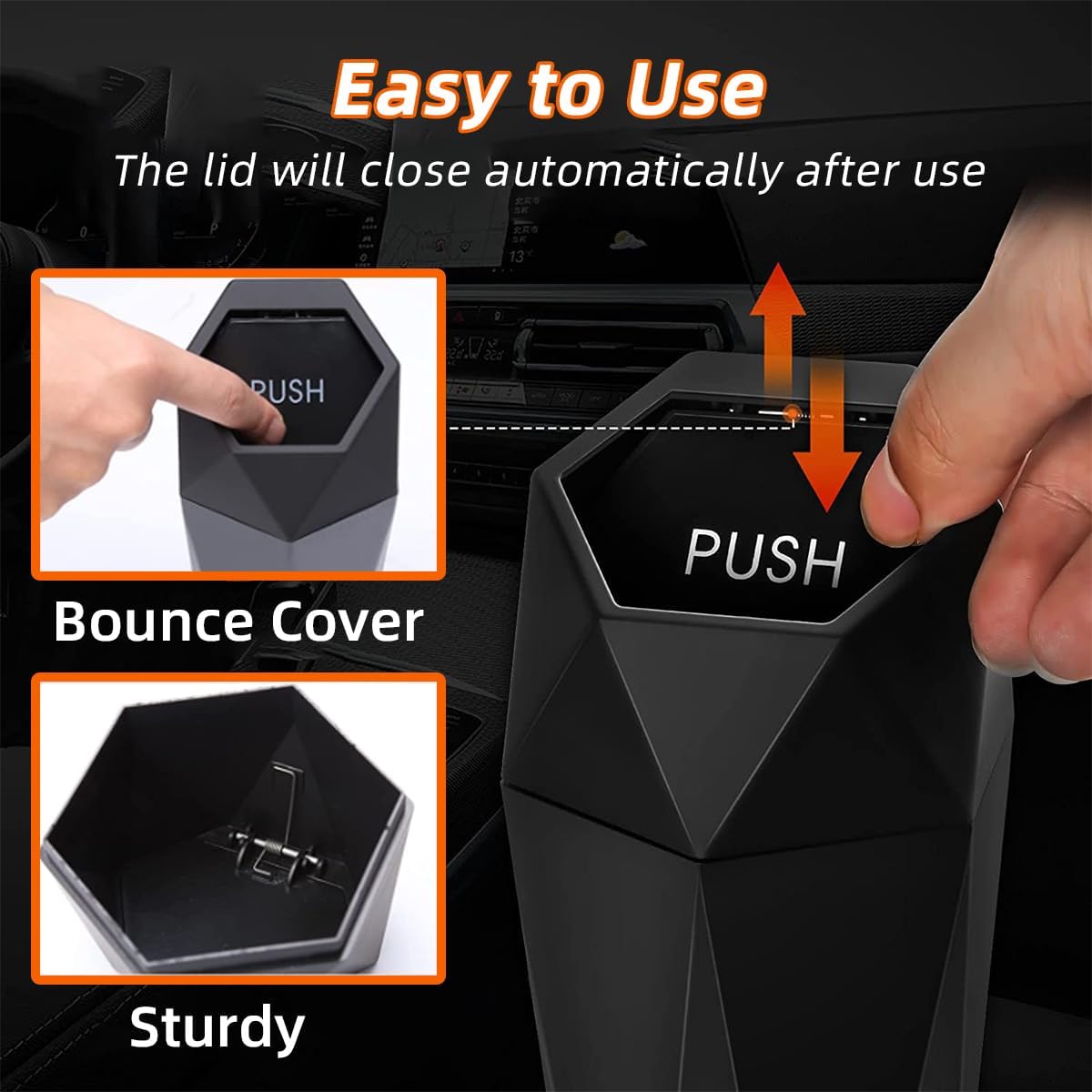 2 botes de basura para automóvil con tapa, mini cubo de basura portátil para automóvil, diseño de diamante, a prueba de fugas, accesorios para el