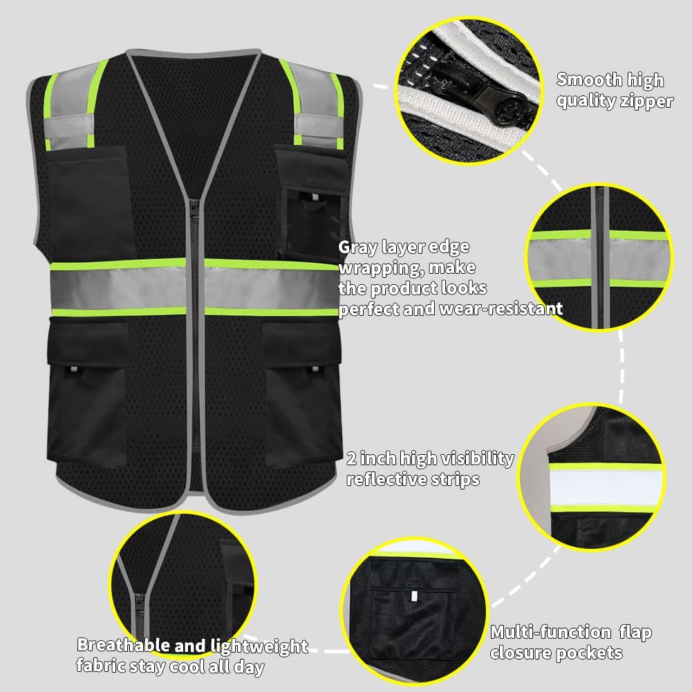 HYCOPROT Chalecos de seguridad reflectantes de malla de alta visibilidad con bolsillos y cremallera, cumple con las normas ANSIISEA