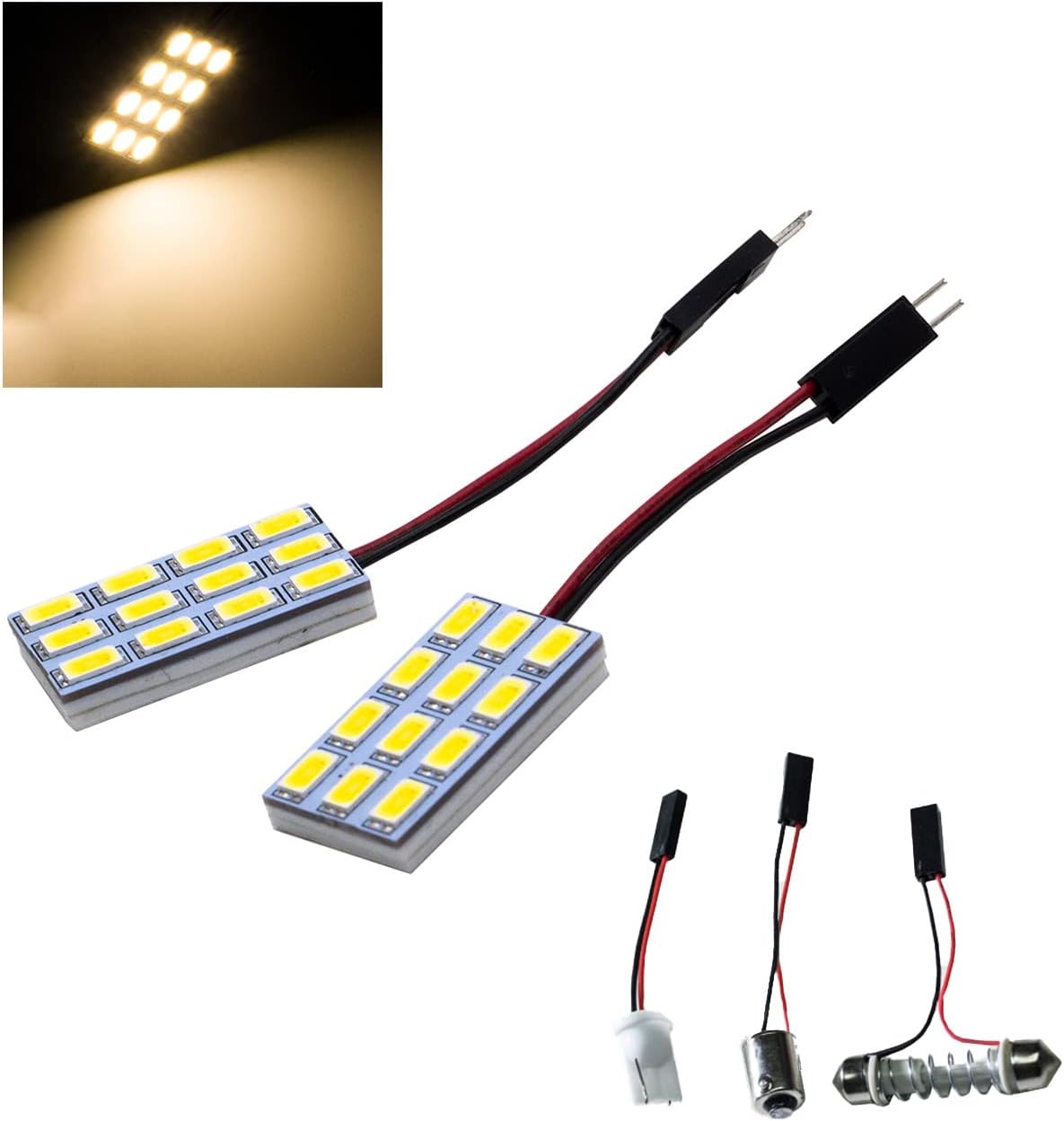 HYUGA 2 x 12SMD 5630 amarillo blanco 2700K Panel LED luz de cúpula auto auto bombilla interior del coche DC 12V-24V con adaptadores T10  BA9S