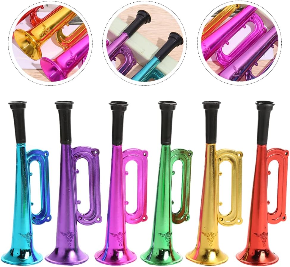 TOYANDONA 6 juguetes metálicos de trompeta, instrumento de trompeta para niños, instrumentos musicales de plástico para fiestas y eventos, recuerdos