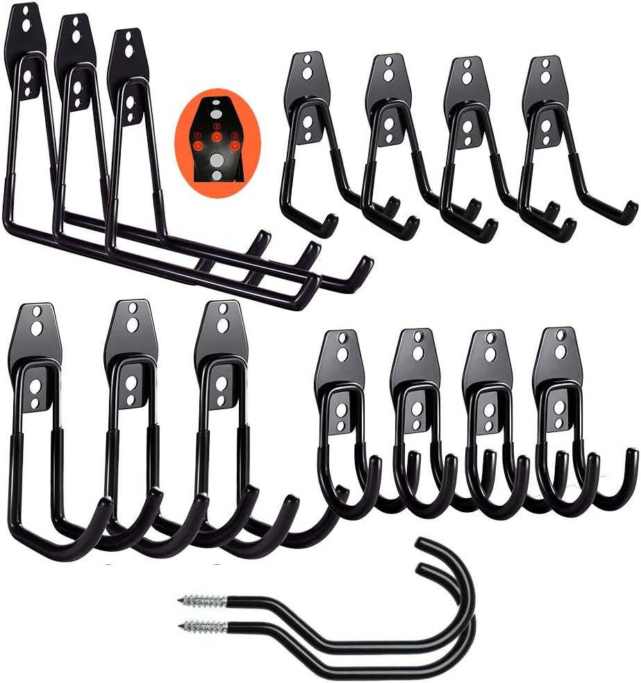 Ganchos de garaje resistentes, 16 ganchos de almacenamiento de acero para garaje, ganchos de pared para garaje y perchas con revestimiento