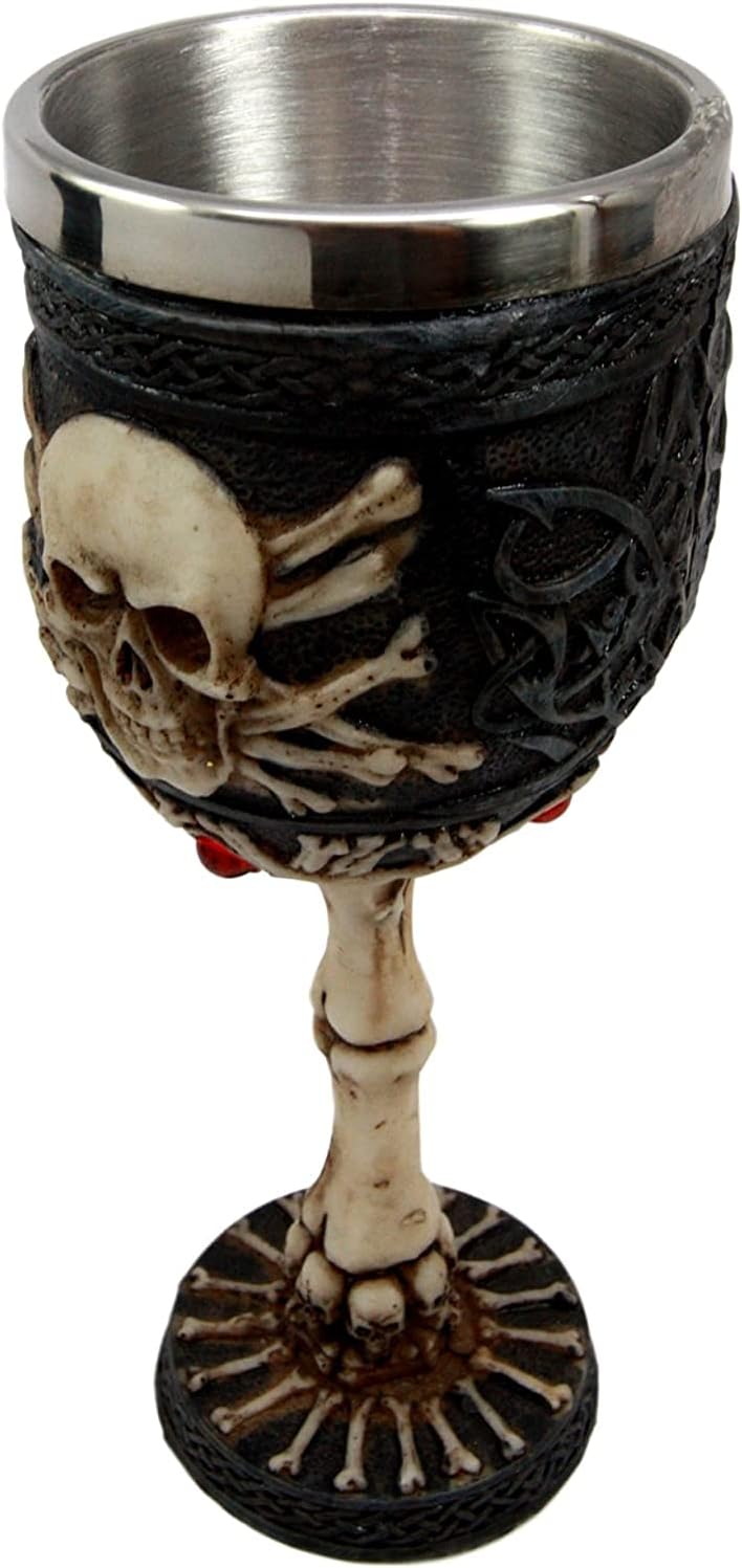 Ebros Gift Árbol esquelético de la vida, cráneo, esqueleto, cruz, huesos, espinas y costillas con gemas rojas, pequeño de 6 pulgadas de alto, copa