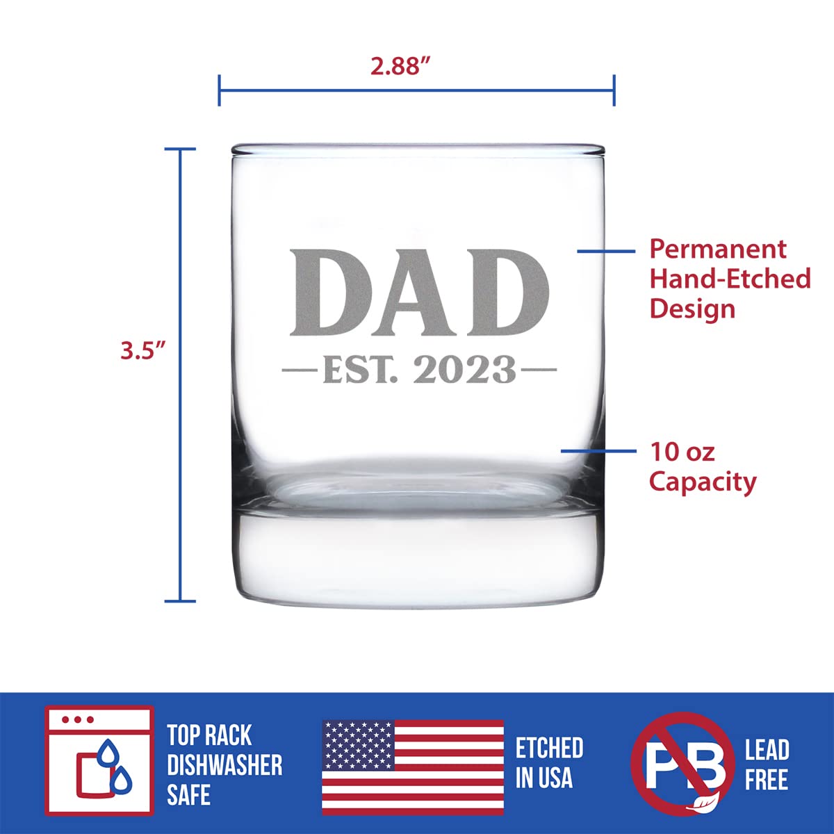 Dad Est 2023 – New Father Whiskey Rocks Glass Gift for First Time Parents – Bold 10.25 Oz Glasses