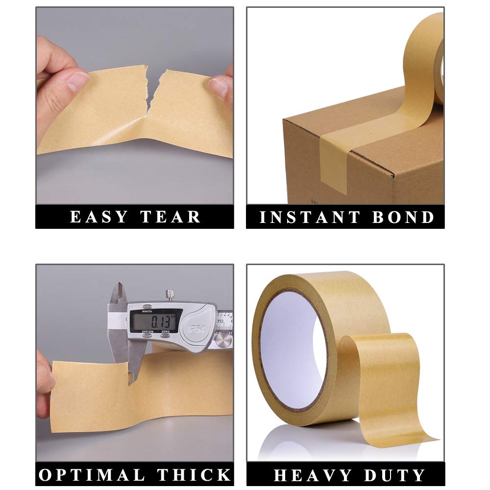 LLPT Cinta engomada de papel Kraft, 6 paquetes de cinta reciclable, grabable, desgarrable, alta resistencia a la tracción para sellado de cartón,