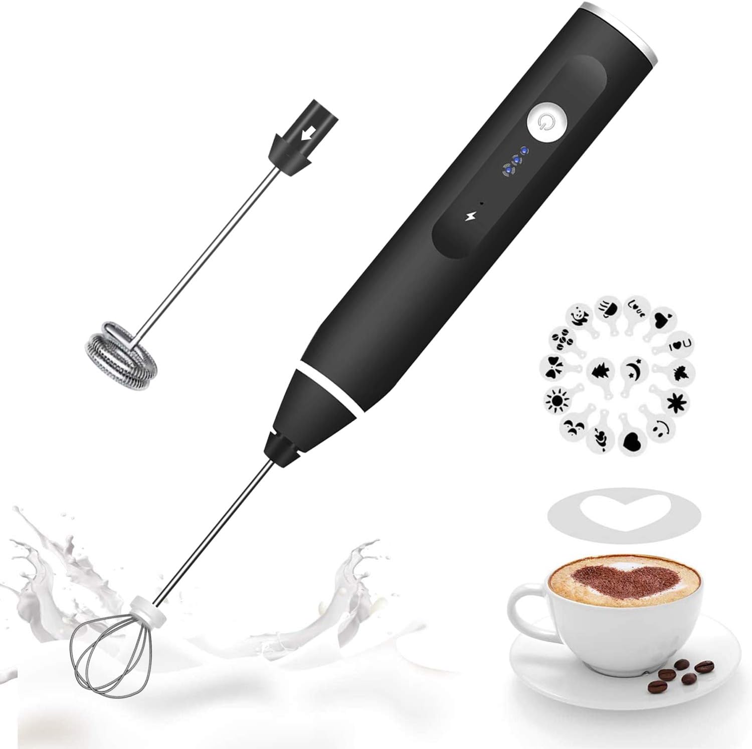 Gbivbe – Espumador de leche de mano, mezclador de bebidas recargable para café con plantillas artísticas, mini espumador para capuchino, chocolate