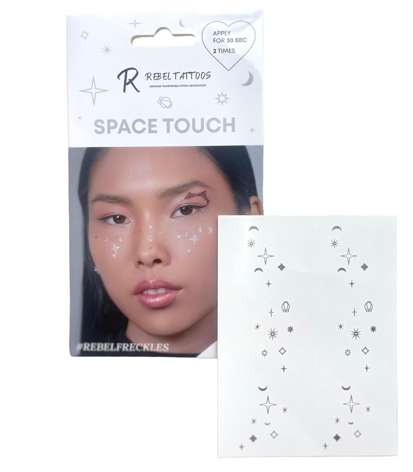 Rebel Tattoos Tatuajes faciales temporales transferibles y realistas de alta calidad, pecas (estrellas y luna, forma espacial) de larga duración,