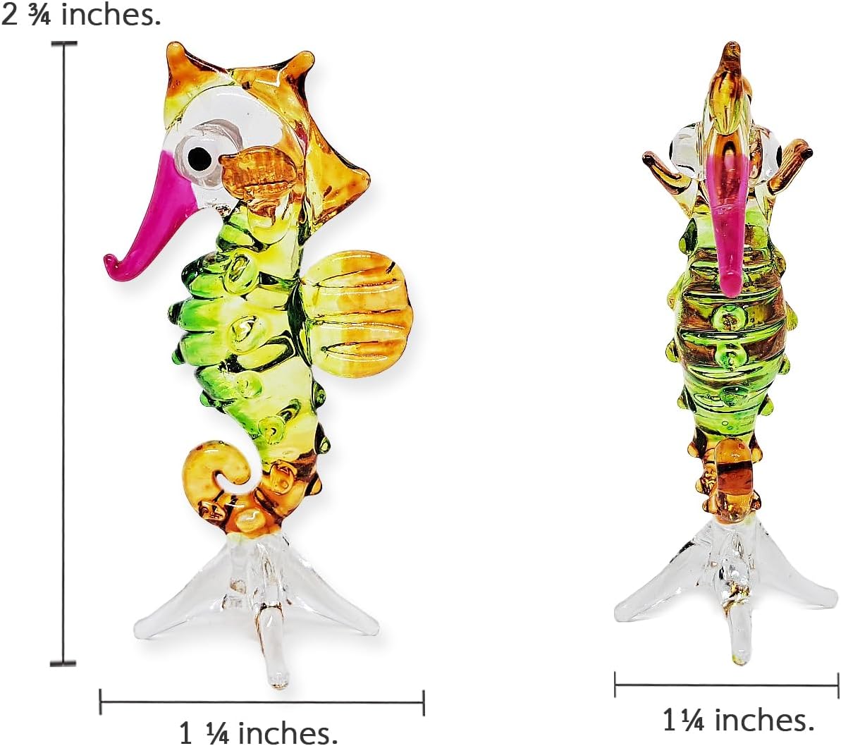ChangThai Design Pequeña figura de caballito de mar de 2 pulgadas de alto, verde, amarillo, rosa, animal de vidrio soplado a mano, multicolor,