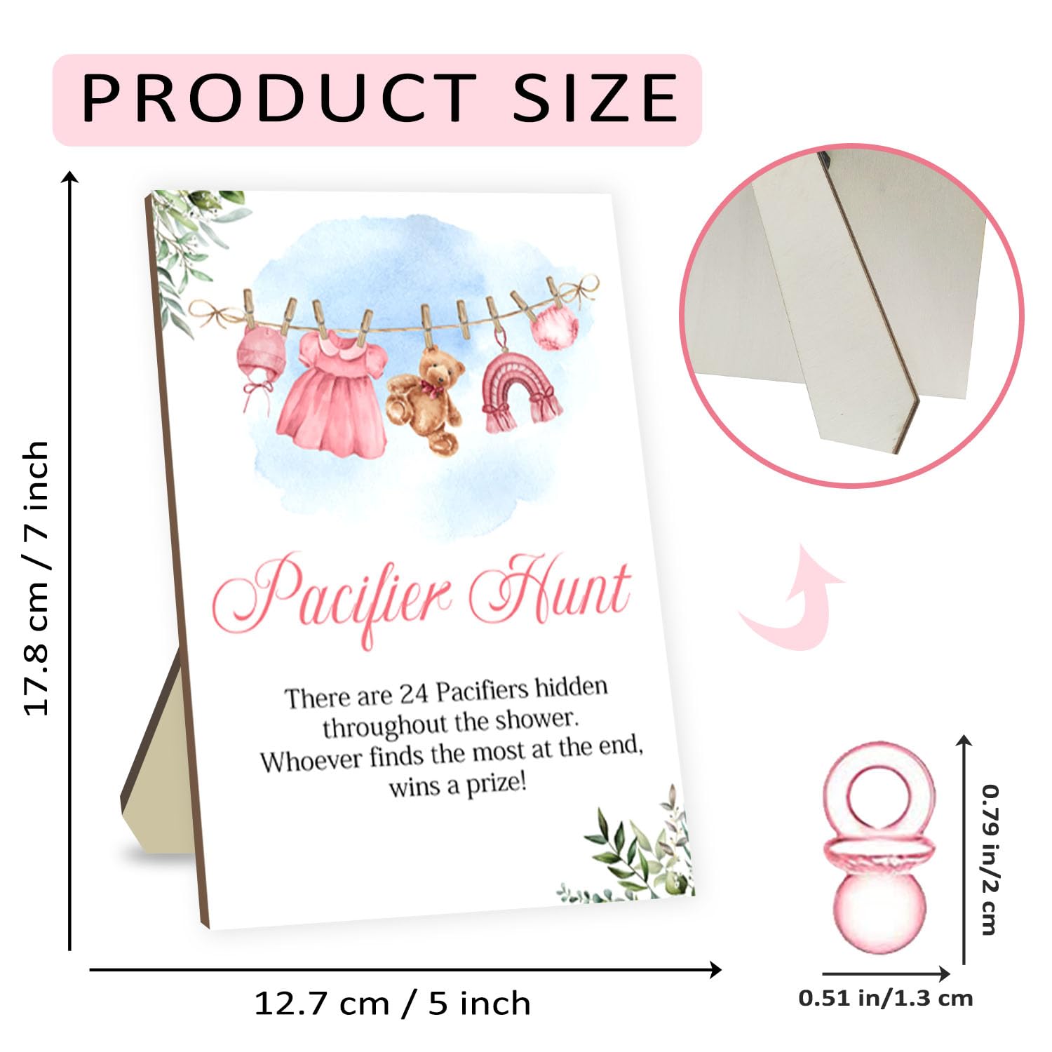 Juegos de baby shower, juego de caza de chupetes, juegos para baby shower o revelación de género, letrero de caza de chupete de madera, 50 chupetes