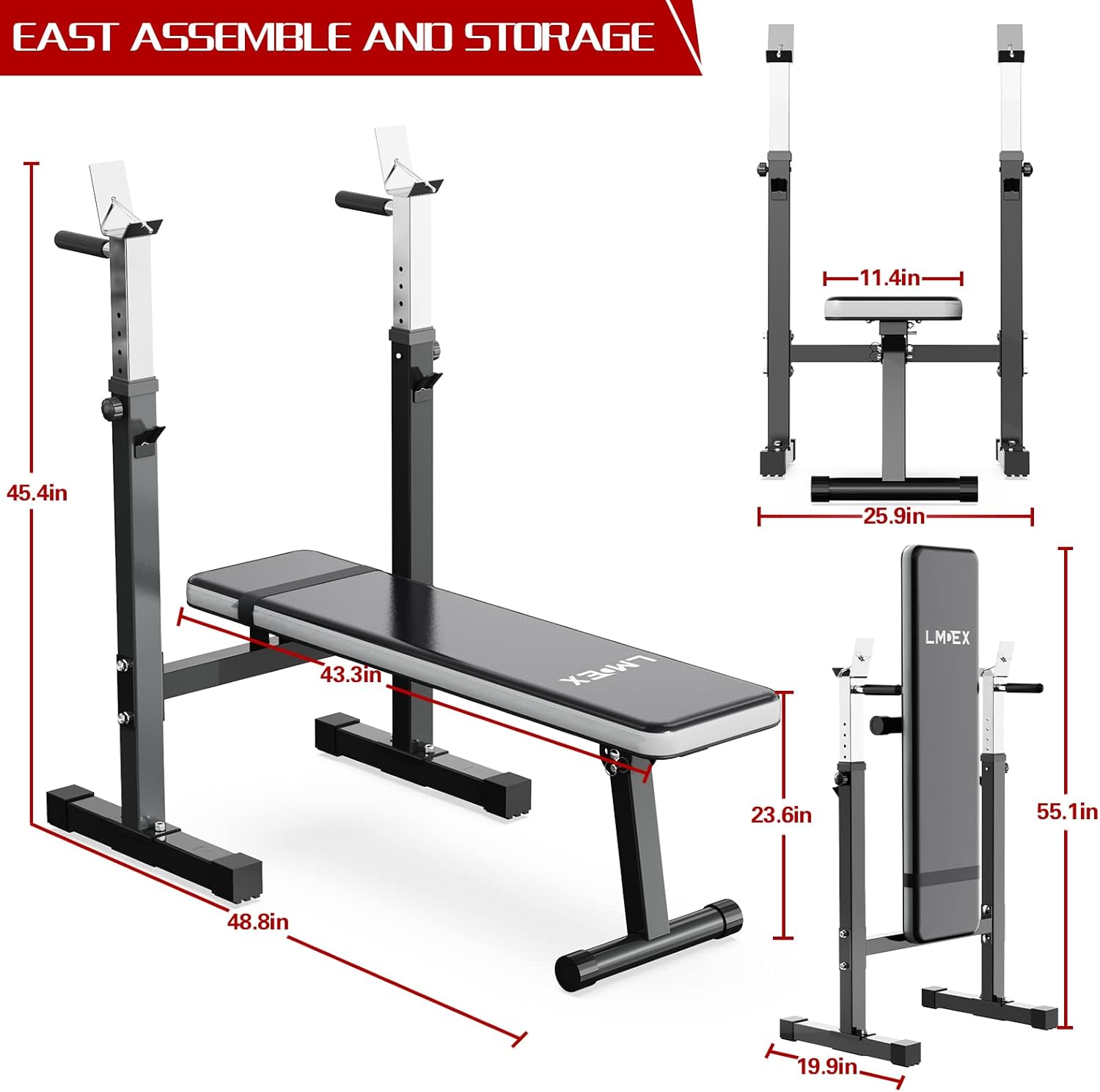 Lmdex Prensa de banco de peso ajustable con estante para sentadillas, estación de inmersión multifunción plegable para entrenamiento de cuerpo