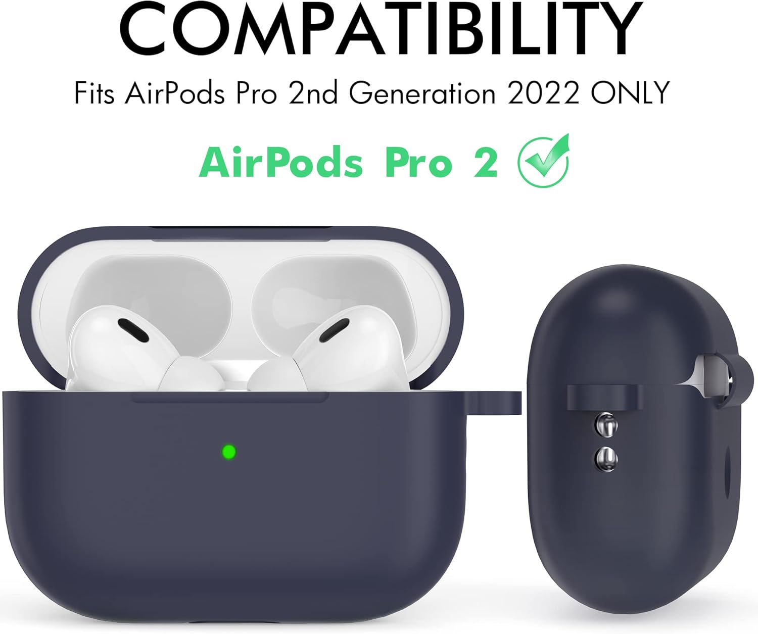 NIUTRENDZ Funda para AirPods Pro 2 generación 2022 de silicona con cordón y llavero carga inalámbrica y LED frontal visible (azul medianoche)