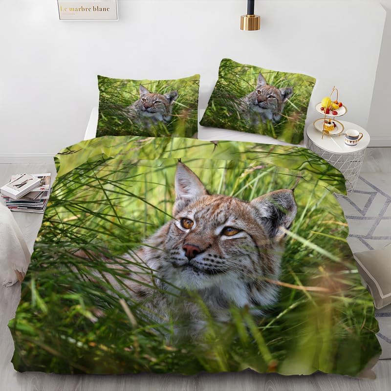 Juego de funda de edredón de lince turquesa, tamaño Queen, con estampado de animales, funda de edredón de microfibra suave y 2 fundas de almohada de
