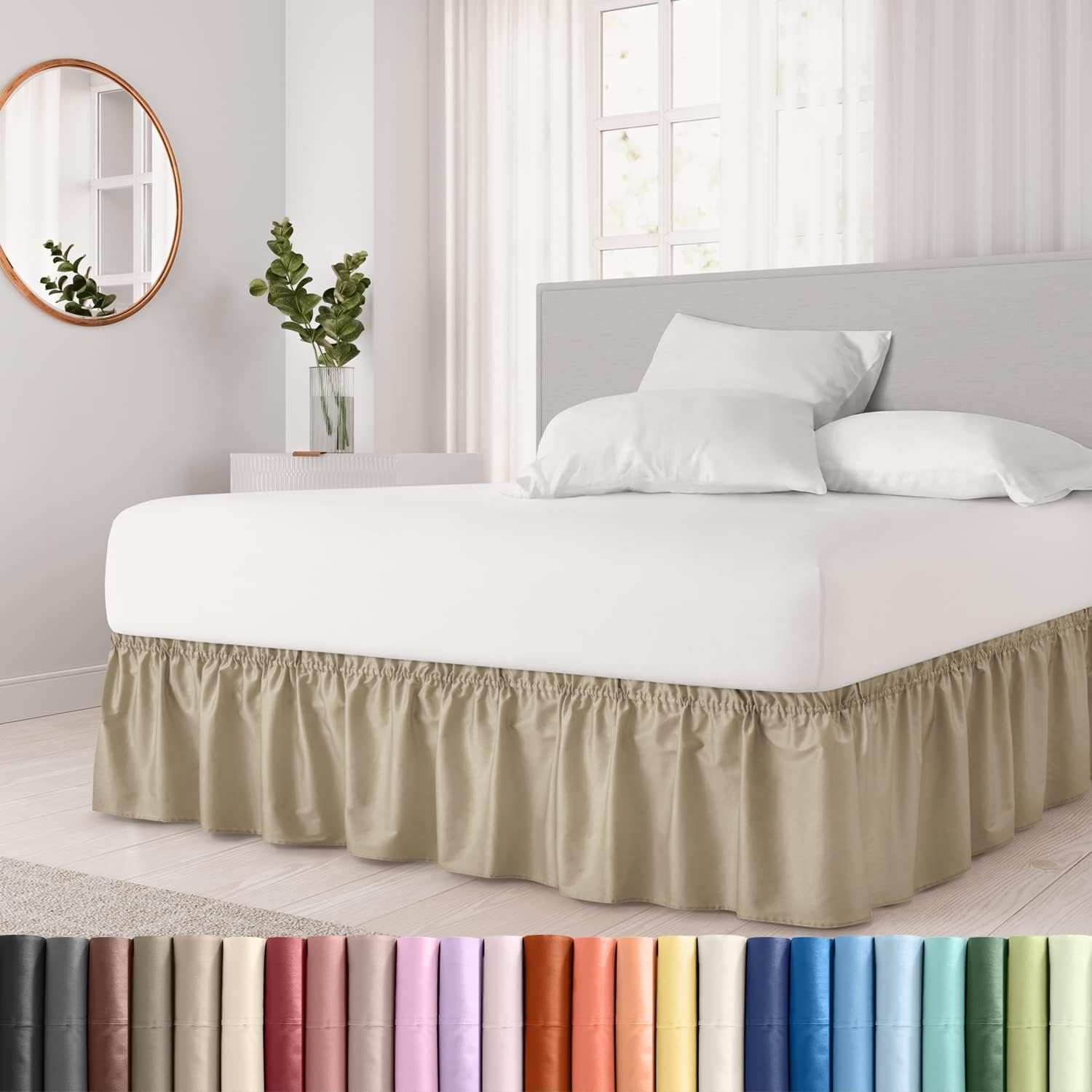 CGK Linens – Falda de cama envolvente con volantes, color beige, para camas de tamaño Queen con caída de 18 pulgadas, correa elástica de fácil