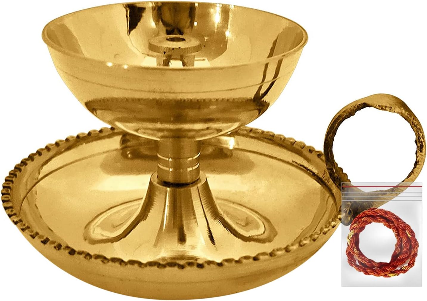 SATVIK Aarti Diya de latón con mango de anillo soportado, lámpara de aceite Puja Jyot de mano Kutthu Vilakku Festive Diwali Mandir Templo Aarti