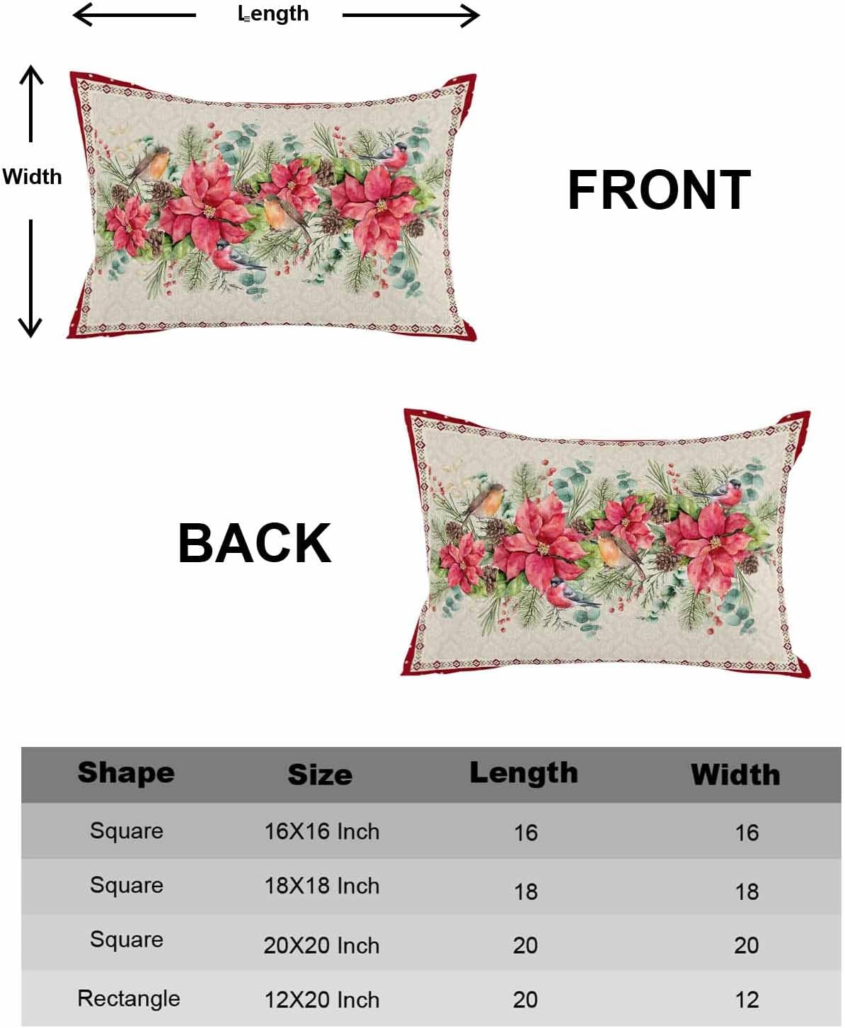 Paquete de 2 fundas de almohada decorativas de algodón, diseño de flor de pascua, baya y cardenal de Feliz Navidad, 12 x 20 pulgadas, rectangular,