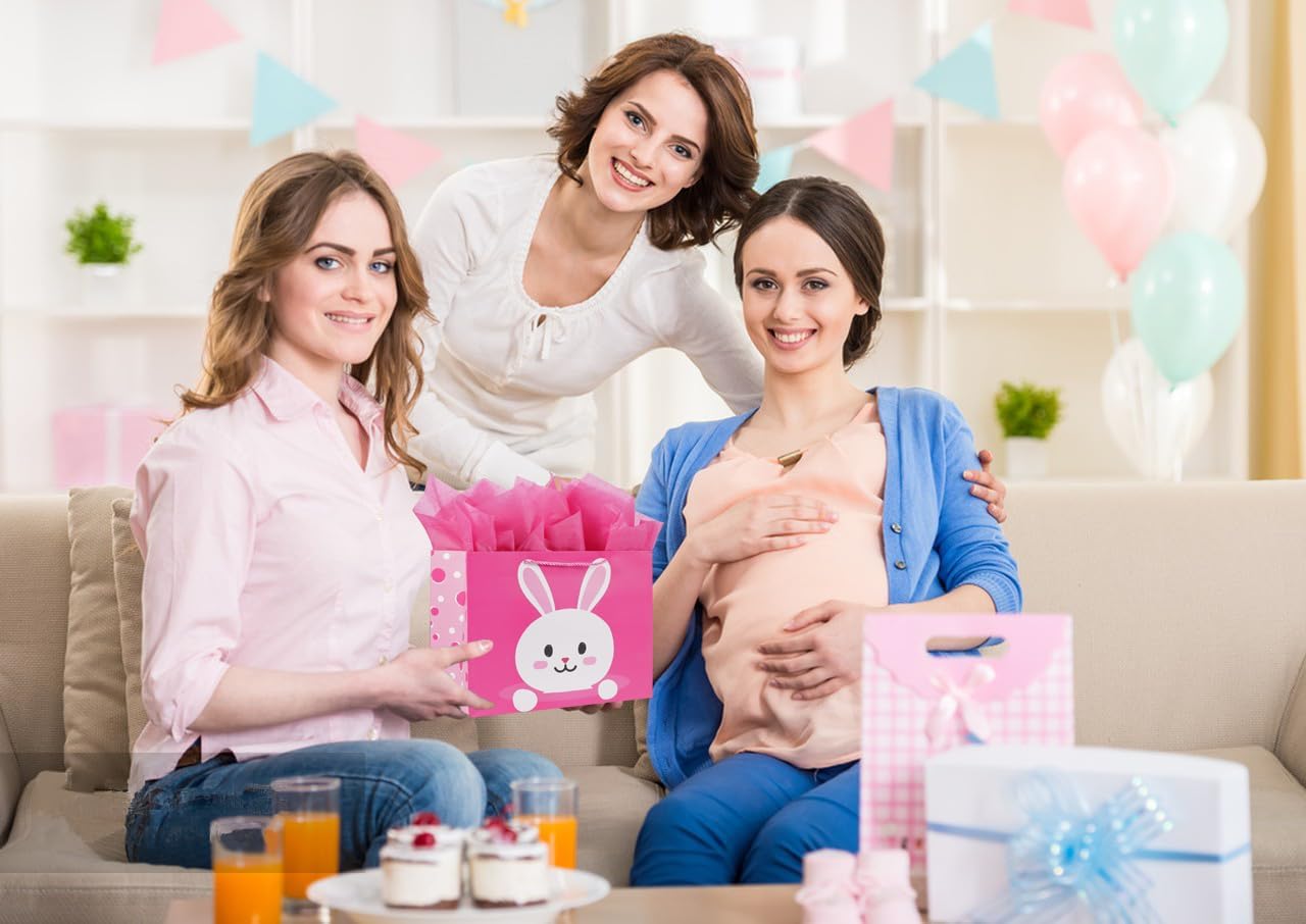 ysmile Bolsa de regalo con papel de envoltura para parrillas, fiesta de cumpleaños infantil, bolsa de papel rosa con asas para baby shower, conejo