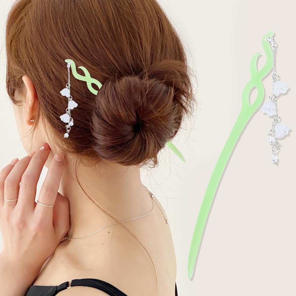 inSowni 8 piezas decorativas vintage retro tradicional asiático chino Hanfu verde falso jade palitos de plástico con colgantes de cuentas de flores,