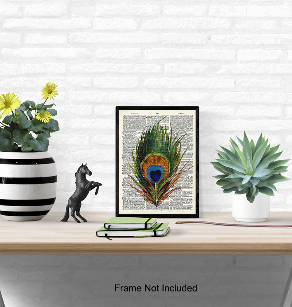 Upcycled Dictionary Wall Art Print – Vintage 8×10 Unframed Photo – Makes a Great Gift – Chic Home Decor – Peacock Feather